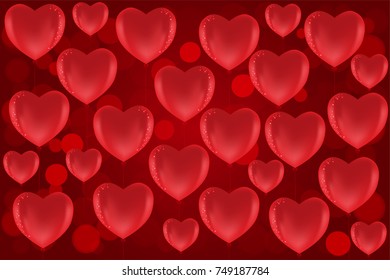 heart shaped red balloons on red background. Vector illustration.