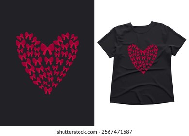 Heart Shaped Red Bows Design on Black T-Shirt