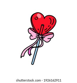 Heart shaped red caramel lollipop. Gift pink bow. Delicious sweetness. Doodle style. Valentine's day concept. Vector illustration on isolated background.