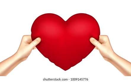 Heart shaped red cushion pillow in human hands realistic love symbol close-up image vector illustration 