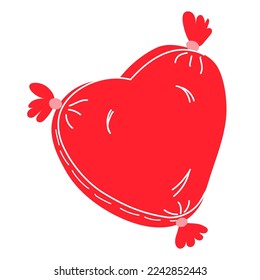 Heart shaped red decorative pillow, cushion with tassels isolated on white background. Hand drawn vector illustration. Valentine's day, kids' pillow.
