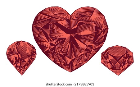 Heart shaped red diamond. Editable hand drawn illustration. Vector vintage engraving. 8 EPS