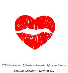 Heart shaped red lips print isolated on white. Lipstick kiss stamp. Flat vector design element.
