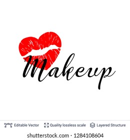 Heart shaped red lips print isolated on white. Lipstick kiss stamp. Flat vector design element.