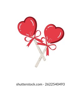 Heart shaped red lollipops with bows. Sweet candy. Greeting card of Valentine's Day, Women's Day, holiday, wedding. Hand drawn vector illustration