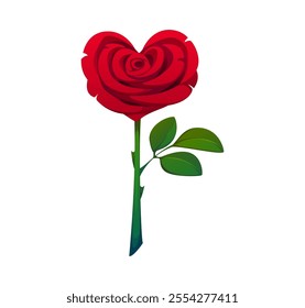 Heart shaped red rose flowers on stem with a leaf, symbolizing love and romance for Valentine Day celebration and romantic occasions. Isolated cartoon blossom creates feeling of passion and affection