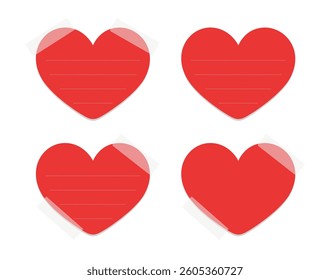 Heart shaped red sticky note template mockup set. Valentines day memo paper card vector illustration.