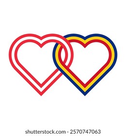 heart shaped ribbon of austria and romania flags intertwined. vector illustration isolated on white background