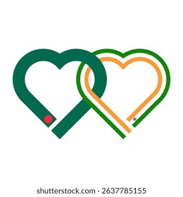 heart shaped ribbon of bangladesh and india flags intertwined. vector illustration isolated on white background