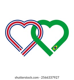 heart shaped ribbon of costa rica and brazil flags intertwined. vector illustration isolated on white background