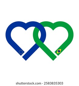 heart shaped ribbon of european union and brazil flags intertwined. vector illustration isolated on white background