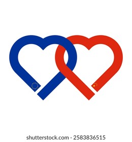 heart shaped ribbon of european union and china flags intertwined. vector illustration isolated on white background