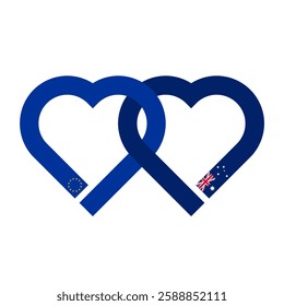 heart shaped ribbon of european union and australia flags intertwined. vector illustration isolated on white background