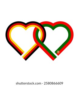 heart shaped ribbon of germany and portugal flags intertwined. vector illustration isolated on white background