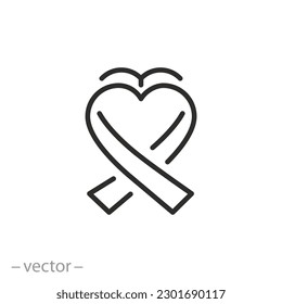 heart shaped ribbon icon, solidarity or support, thin line symbol on white background - editable stroke vector illustration eps10