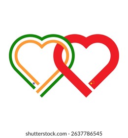 heart shaped ribbon of india and china flags intertwined. vector illustration isolated on white background
