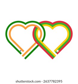 heart shaped ribbon of india and myanmar flags intertwined. vector illustration isolated on white background