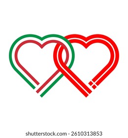 heart shaped ribbon of italy and danish flags intertwined. vector illustration isolated on white background