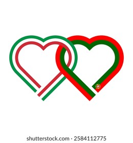 heart shaped ribbon of italy and portugal flags intertwined. vector illustration isolated on white background
