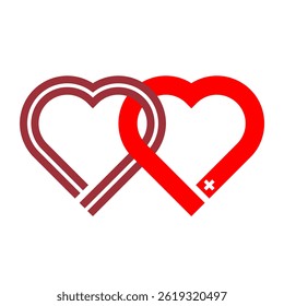 heart shaped ribbon of latvian and swiss flags intertwined. vector illustration isolated on white background