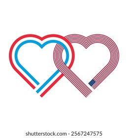 heart shaped ribbon of luxembourg and american flags intertwined. vector illustration isolated on white background