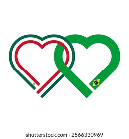 heart shaped ribbon of mexico and brazil flags intertwined. vector illustration isolated on white background