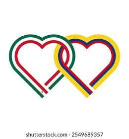 Cinta en forma de corazón de las banderas de México y Colombia entrelazadas. Ilustración vectorial aislada sobre fondo blanco