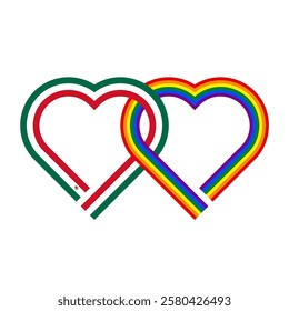 heart shaped ribbon of mexico and rainbow flags intertwined. vector illustration isolated on white background