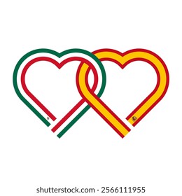 heart shaped ribbon of mexico and spain flags intertwined. vector illustration isolated on white background