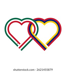 heart shaped ribbon of mexico and venezuela flags intertwined. vector illustration isolated on white background