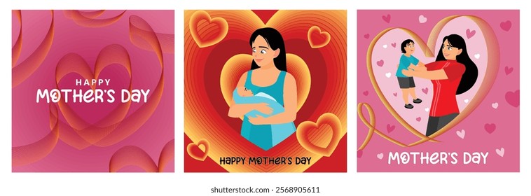 Heart shaped ribbon for Mother's Day celebration. Happy young mother holding a baby. A mother plays with her child. Mother's Day concept. Set flat vector illustration.