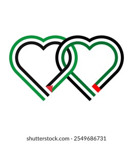 heart shaped ribbon of palestine and united arab emirates flags intertwined. vector illustration isolated on white background