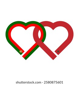 heart shaped ribbon of portugal and morocco flags intertwined. vector illustration isolated on white background