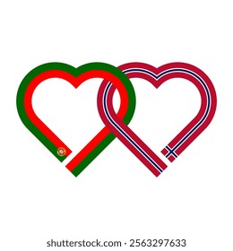 heart shaped ribbon of portugal and norway flags intertwined. vector illustration isolated on white background