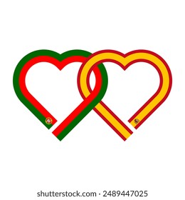 heart shaped ribbon of portugal and spain flags intertwined. vector illustration isolated on white background