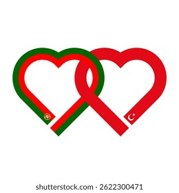 heart shaped ribbon of portuguese and turkish flags intertwined. vector illustration isolated on white background