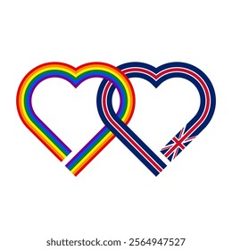 heart shaped ribbon of rainbow and union jack flags intertwined. vector illustration isolated on white background