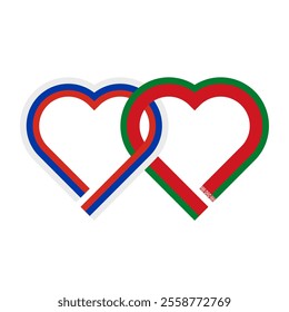 heart shaped ribbon of russia and belarus flags intertwined. vector illustration isolated on white background