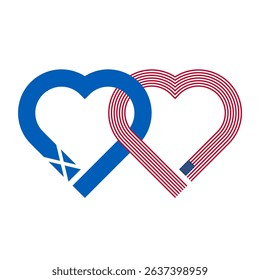 heart shaped ribbon of scottish and usa flags intertwined. vector illustration isolated on white background