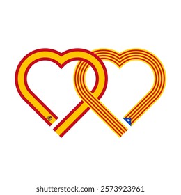 heart shaped ribbon of spain and catalan flags intertwined. vector illustration isolated on white background