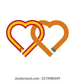 heart shaped ribbon of spain and valencia flags intertwined. vector illustration isolated on white background