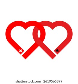 heart shaped ribbon of swiss and albanian flags intertwined. vector illustration isolated on white background