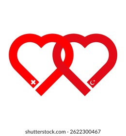 heart shaped ribbon of swiss and turkish flags intertwined. vector illustration isolated on white background