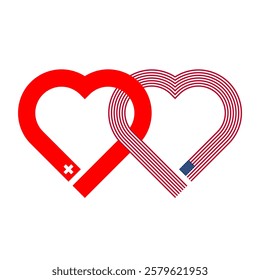 heart shaped ribbon of switzerland and american flags intertwined. vector illustration isolated on white background