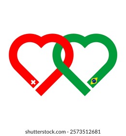 heart shaped ribbon of switzerland and brazil flags intertwined. vector illustration isolated on white background