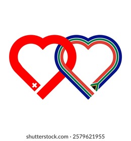 heart shaped ribbon of switzerland and south africa flags intertwined. vector illustration isolated on white background