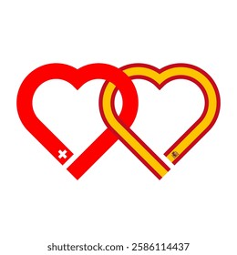heart shaped ribbon of switzerland and spain flags intertwined. vector illustration isolated on white background