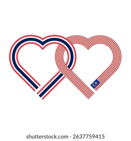 heart shaped ribbon of thailand and malaysia flags intertwined. vector illustration isolated on white background