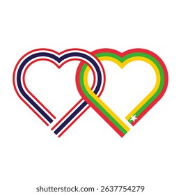 heart shaped ribbon of thailand and myanmar flags intertwined. vector illustration isolated on white background