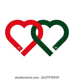 heart shaped ribbon of turkey and pakistan flags intertwined. vector illustration isolated on white background